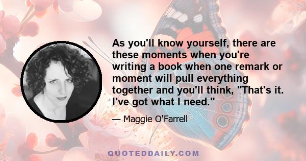 As you'll know yourself, there are these moments when you're writing a book when one remark or moment will pull everything together and you'll think, That's it. I've got what I need.