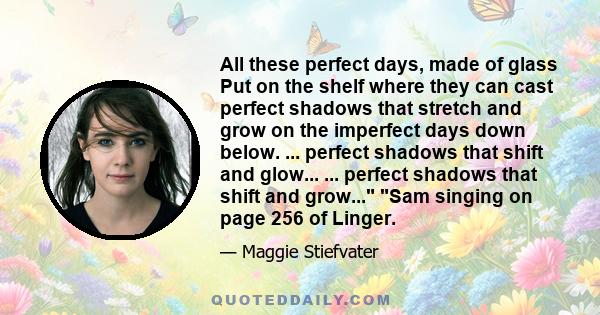 All these perfect days, made of glass Put on the shelf where they can cast perfect shadows that stretch and grow on the imperfect days down below. ... perfect shadows that shift and glow... ... perfect shadows that