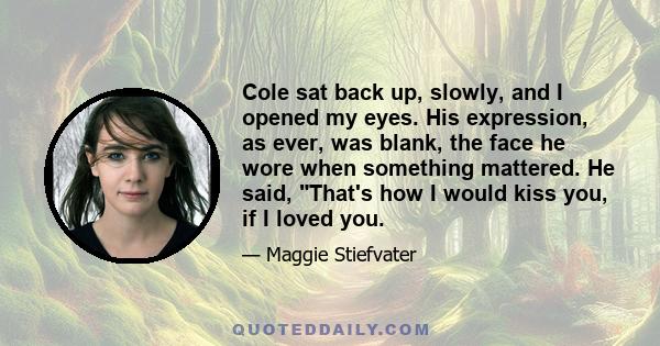 Cole sat back up, slowly, and I opened my eyes. His expression, as ever, was blank, the face he wore when something mattered. He said, That's how I would kiss you, if I loved you.