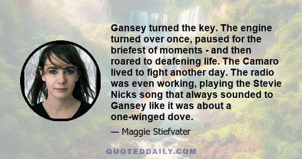 Gansey turned the key. The engine turned over once, paused for the briefest of moments - and then roared to deafening life. The Camaro lived to fight another day. The radio was even working, playing the Stevie Nicks