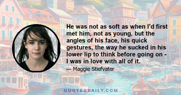 He was not as soft as when I'd first met him, not as young, but the angles of his face, his quick gestures, the way he sucked in his lower lip to think before going on - I was in love with all of it.