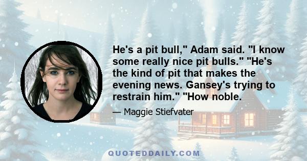 He's a pit bull, Adam said. I know some really nice pit bulls. He's the kind of pit that makes the evening news. Gansey's trying to restrain him. How noble.