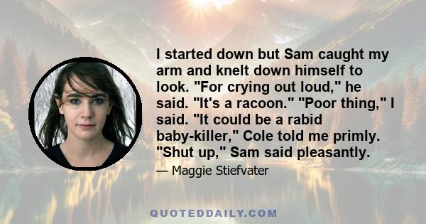 I started down but Sam caught my arm and knelt down himself to look. For crying out loud, he said. It's a racoon. Poor thing, I said. It could be a rabid baby-killer, Cole told me primly. Shut up, Sam said pleasantly.