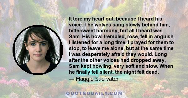 It tore my heart out, because I heard his voice. The wolves sang slowly behind him, bittersweet harmony, but all I heard was Sam. His howl trembled, rose, fell in anguish. I listened for a long time. I prayed for them