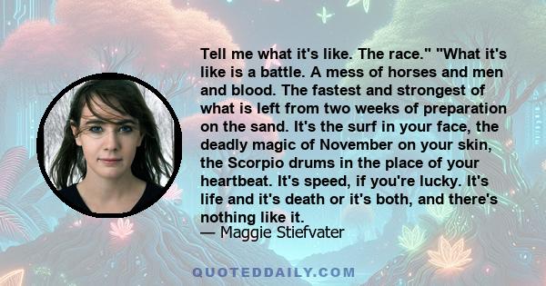 Tell me what it's like. The race. What it's like is a battle. A mess of horses and men and blood. The fastest and strongest of what is left from two weeks of preparation on the sand. It's the surf in your face, the