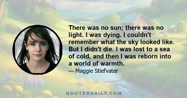 There was no sun; there was no light. I was dying. I couldn't remember what the sky looked like. But I didn't die. I was lost to a sea of cold, and then I was reborn into a world of warmth.