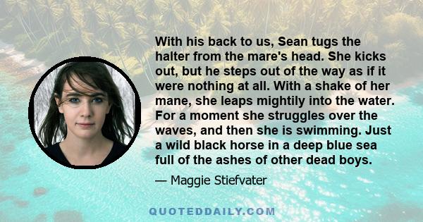 With his back to us, Sean tugs the halter from the mare's head. She kicks out, but he steps out of the way as if it were nothing at all. With a shake of her mane, she leaps mightily into the water. For a moment she