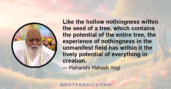 Like the hollow nothingness within the seed of a tree, which contains the potential of the entire tree, the experience of nothingness in the unmanifest field has within it the lively potential of everything in creation.