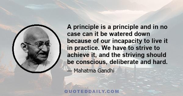 A principle is a principle and in no case can it be watered down because of our incapacity to live it in practice. We have to strive to achieve it, and the striving should be conscious, deliberate and hard.