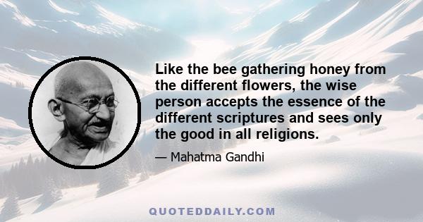 Like the bee gathering honey from the different flowers, the wise person accepts the essence of the different scriptures and sees only the good in all religions.