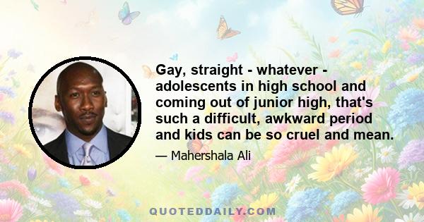 Gay, straight - whatever - adolescents in high school and coming out of junior high, that's such a difficult, awkward period and kids can be so cruel and mean.