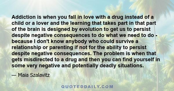 Addiction is when you fall in love with a drug instead of a child or a lover and the learning that takes part in that part of the brain is designed by evolution to get us to persist despite negative consequences to do