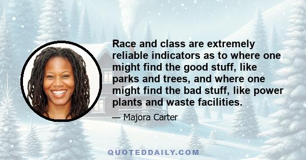 Race and class are extremely reliable indicators as to where one might find the good stuff, like parks and trees, and where one might find the bad stuff, like power plants and waste facilities.