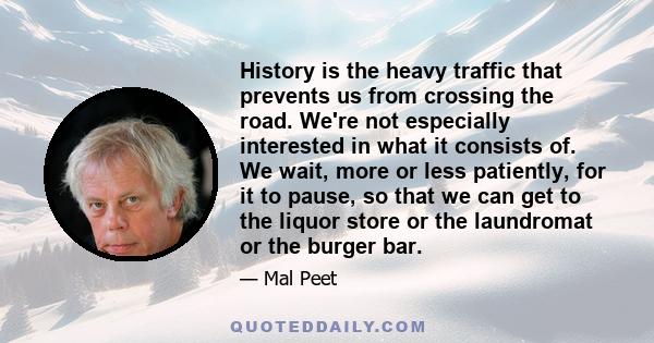 History is the heavy traffic that prevents us from crossing the road. We're not especially interested in what it consists of. We wait, more or less patiently, for it to pause, so that we can get to the liquor store or