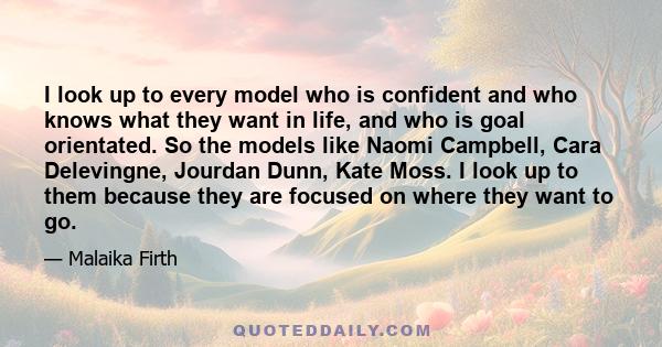 I look up to every model who is confident and who knows what they want in life, and who is goal orientated. So the models like Naomi Campbell, Cara Delevingne, Jourdan Dunn, Kate Moss. I look up to them because they are 