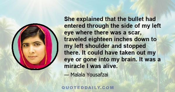 She explained that the bullet had entered through the side of my left eye where there was a scar, traveled eighteen inches down to my left shoulder and stopped there. It could have taken out my eye or gone into my