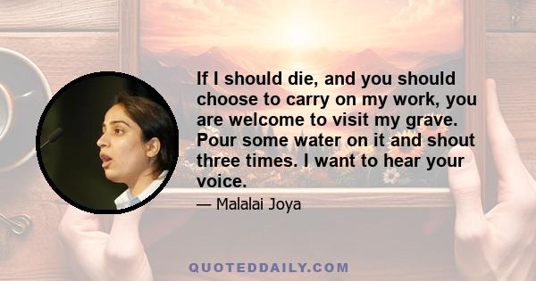 If I should die, and you should choose to carry on my work, you are welcome to visit my grave. Pour some water on it and shout three times. I want to hear your voice.