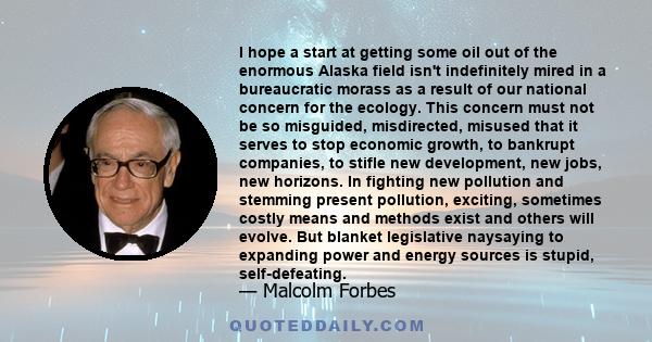 I hope a start at getting some oil out of the enormous Alaska field isn't indefinitely mired in a bureaucratic morass as a result of our national concern for the ecology. This concern must not be so misguided,