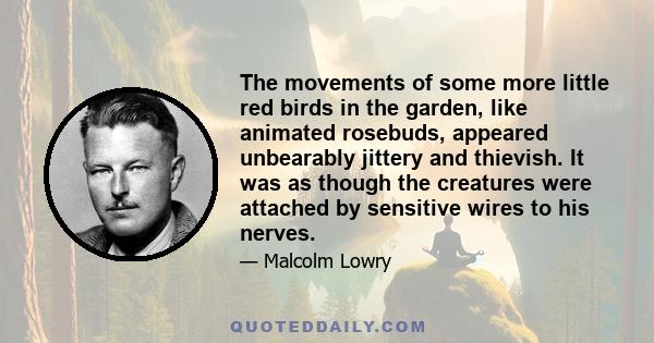 The movements of some more little red birds in the garden, like animated rosebuds, appeared unbearably jittery and thievish. It was as though the creatures were attached by sensitive wires to his nerves.