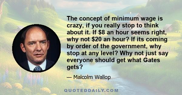 The concept of minimum wage is crazy, if you really stop to think about it. If $8 an hour seems right, why not $20 an hour? If its coming by order of the government, why stop at any level? Why not just say everyone