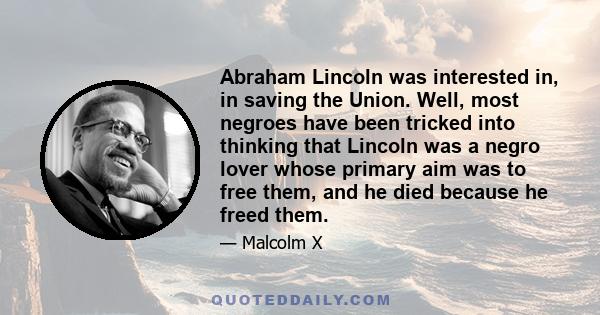 Abraham Lincoln was interested in, in saving the Union. Well, most negroes have been tricked into thinking that Lincoln was a negro lover whose primary aim was to free them, and he died because he freed them.