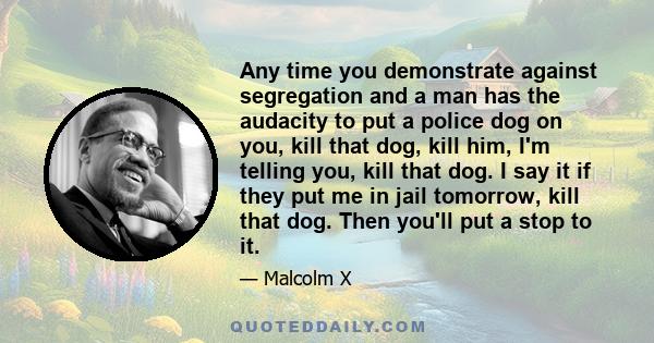 Any time you demonstrate against segregation and a man has the audacity to put a police dog on you, kill that dog, kill him, I'm telling you, kill that dog. I say it if they put me in jail tomorrow, kill that dog. Then