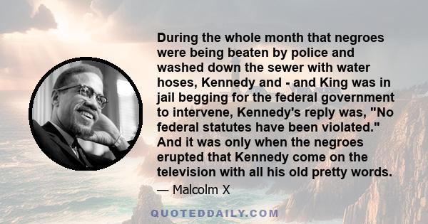 During the whole month that negroes were being beaten by police and washed down the sewer with water hoses, Kennedy and - and King was in jail begging for the federal government to intervene, Kennedy's reply was, No