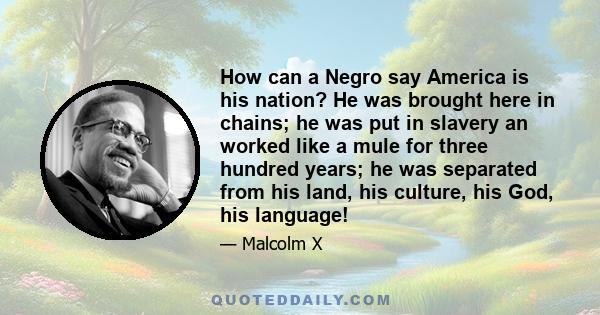 How can a Negro say America is his nation? He was brought here in chains; he was put in slavery an worked like a mule for three hundred years; he was separated from his land, his culture, his God, his language!