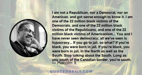 I am not a Republican, nor a Democrat, nor an American, and got sense enough to know it. I am one of the 22 million black victims of the Democrats, and one of the 22 million black victims of the Republicans, and one of