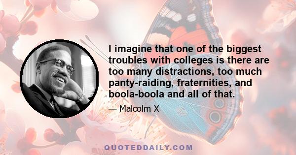 I imagine that one of the biggest troubles with colleges is there are too many distractions, too much panty-raiding, fraternities, and boola-boola and all of that.