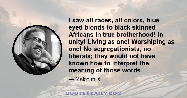 I saw all races, all colors, blue eyed blonds to black skinned Africans in true brotherhood! In unity! Living as one! Worshiping as one! No segregationists, no liberals; they would not have known how to interpret the