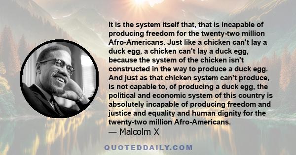 It is the system itself that, that is incapable of producing freedom for the twenty-two million Afro-Americans. Just like a chicken can't lay a duck egg, a chicken can't lay a duck egg, because the system of the chicken 