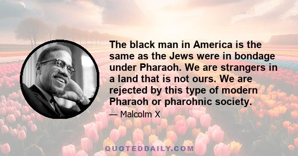 The black man in America is the same as the Jews were in bondage under Pharaoh. We are strangers in a land that is not ours. We are rejected by this type of modern Pharaoh or pharohnic society.