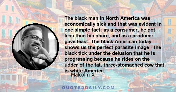 The black man in North America was economically sick and that was evident in one simple fact: as a consumer, he got less than his share, and as a producer gave least. The black American today shows us the perfect