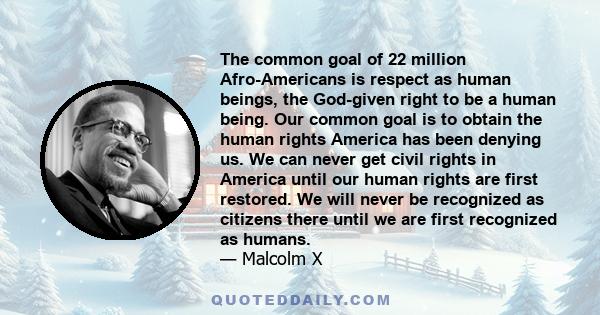 The common goal of 22 million Afro-Americans is respect as human beings, the God-given right to be a human being. Our common goal is to obtain the human rights America has been denying us. We can never get civil rights