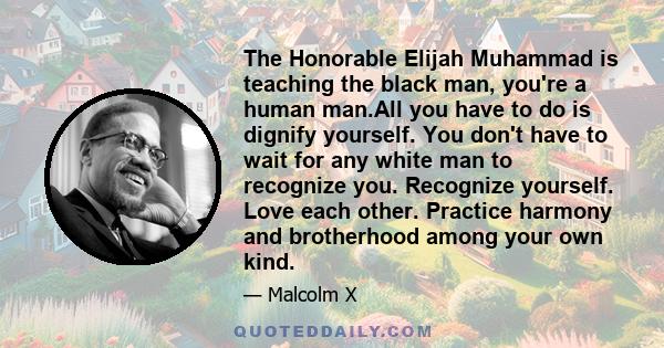 The Honorable Elijah Muhammad is teaching the black man, you're a human man.All you have to do is dignify yourself. You don't have to wait for any white man to recognize you. Recognize yourself. Love each other.