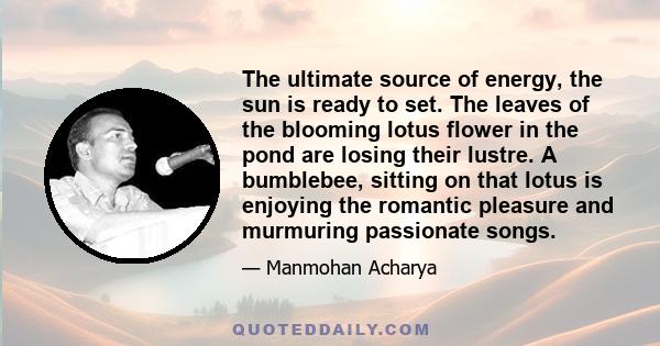 The ultimate source of energy, the sun is ready to set. The leaves of the blooming lotus flower in the pond are losing their lustre. A bumblebee, sitting on that lotus is enjoying the romantic pleasure and murmuring