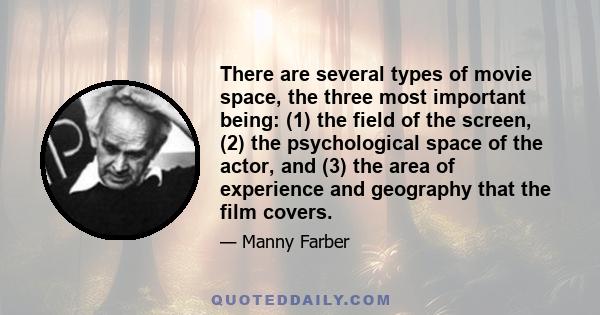 There are several types of movie space, the three most important being: (1) the field of the screen, (2) the psychological space of the actor, and (3) the area of experience and geography that the film covers.