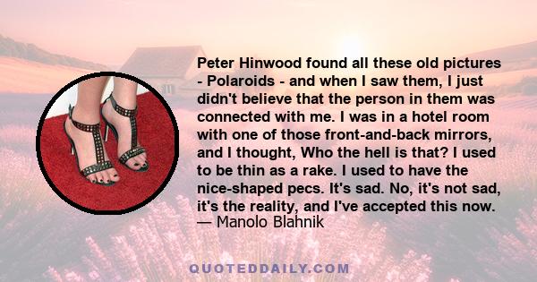 Peter Hinwood found all these old pictures - Polaroids - and when I saw them, I just didn't believe that the person in them was connected with me. I was in a hotel room with one of those front-and-back mirrors, and I