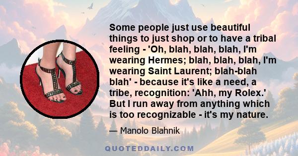 Some people just use beautiful things to just shop or to have a tribal feeling - 'Oh, blah, blah, blah, I'm wearing Hermes; blah, blah, blah, I'm wearing Saint Laurent; blah-blah blah' - because it's like a need, a