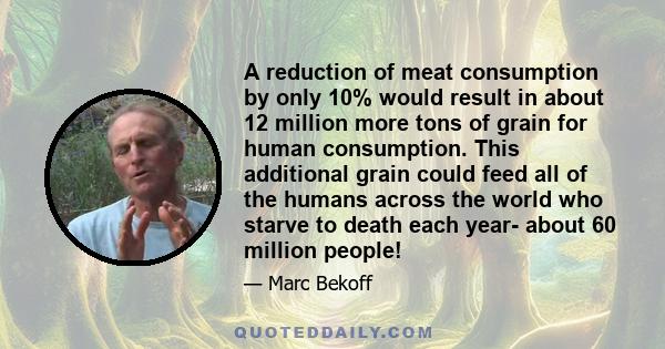 A reduction of meat consumption by only 10% would result in about 12 million more tons of grain for human consumption. This additional grain could feed all of the humans across the world who starve to death each year-