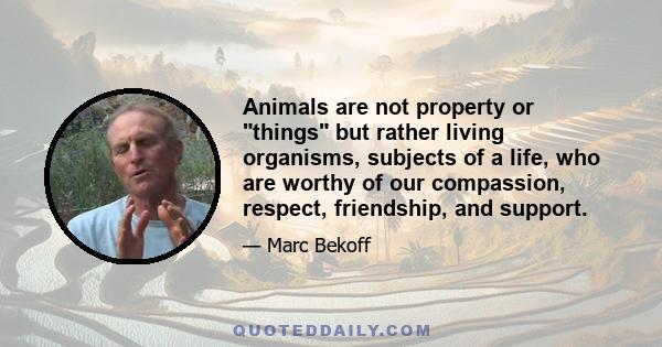 Animals are not property or things but rather living organisms, subjects of a life, who are worthy of our compassion, respect, friendship, and support.