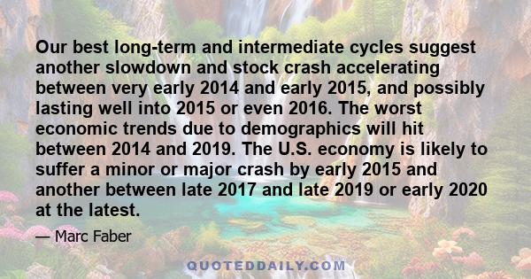 Our best long-term and intermediate cycles suggest another slowdown and stock crash accelerating between very early 2014 and early 2015, and possibly lasting well into 2015 or even 2016. The worst economic trends due to 