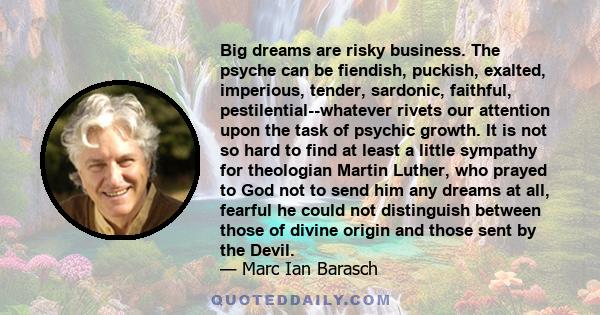 Big dreams are risky business. The psyche can be fiendish, puckish, exalted, imperious, tender, sardonic, faithful, pestilential--whatever rivets our attention upon the task of psychic growth. It is not so hard to find