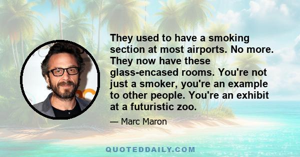 They used to have a smoking section at most airports. No more. They now have these glass-encased rooms. You're not just a smoker, you're an example to other people. You're an exhibit at a futuristic zoo.