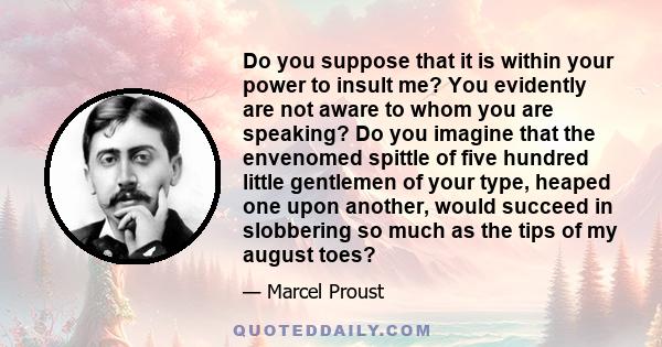 Do you suppose that it is within your power to insult me? You evidently are not aware to whom you are speaking? Do you imagine that the envenomed spittle of five hundred little gentlemen of your type, heaped one upon