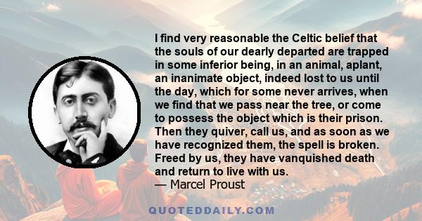 I find very reasonable the Celtic belief that the souls of our dearly departed are trapped in some inferior being, in an animal, aplant, an inanimate object, indeed lost to us until the day, which for some never