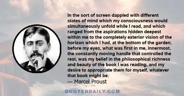 In the sort of screen dappled with different states of mind which my consciousness would simultaneously unfold while I read, and which ranged from the aspirations hidden deepest within me to the completely exterior