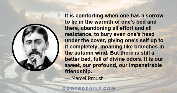 It is comforting when one has a sorrow to lie in the warmth of one's bed and there, abandoning all effort and all resistance, to bury even one's head under the cover, giving one's self up to it completely, moaning like