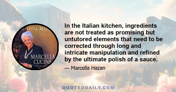 In the Italian kitchen, ingredients are not treated as promising but untutored elements that need to be corrected through long and intricate manipulation and refined by the ultimate polish of a sauce.